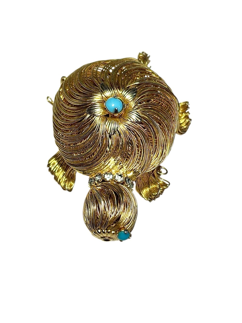Gold Wire Turtle Brooch with Turquoise Beads and Rhinestone Collar